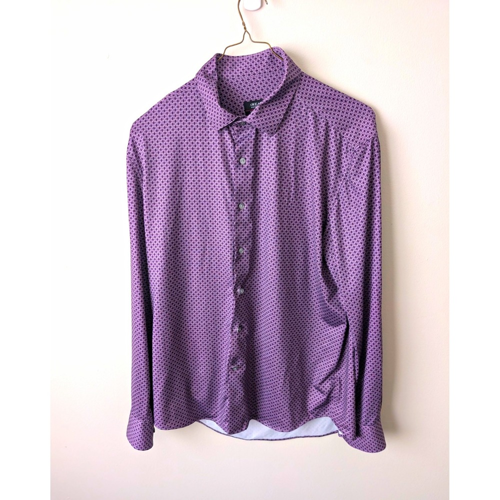 AWEARNESS Kenneth Cole Dress Shirt Men's L Purple Geometric Slim Stretch Poly